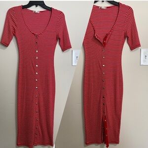 Heart & Hips Dress Red Ribbed Stretch Sz S Henley Midi Snap Front Slit Pullover